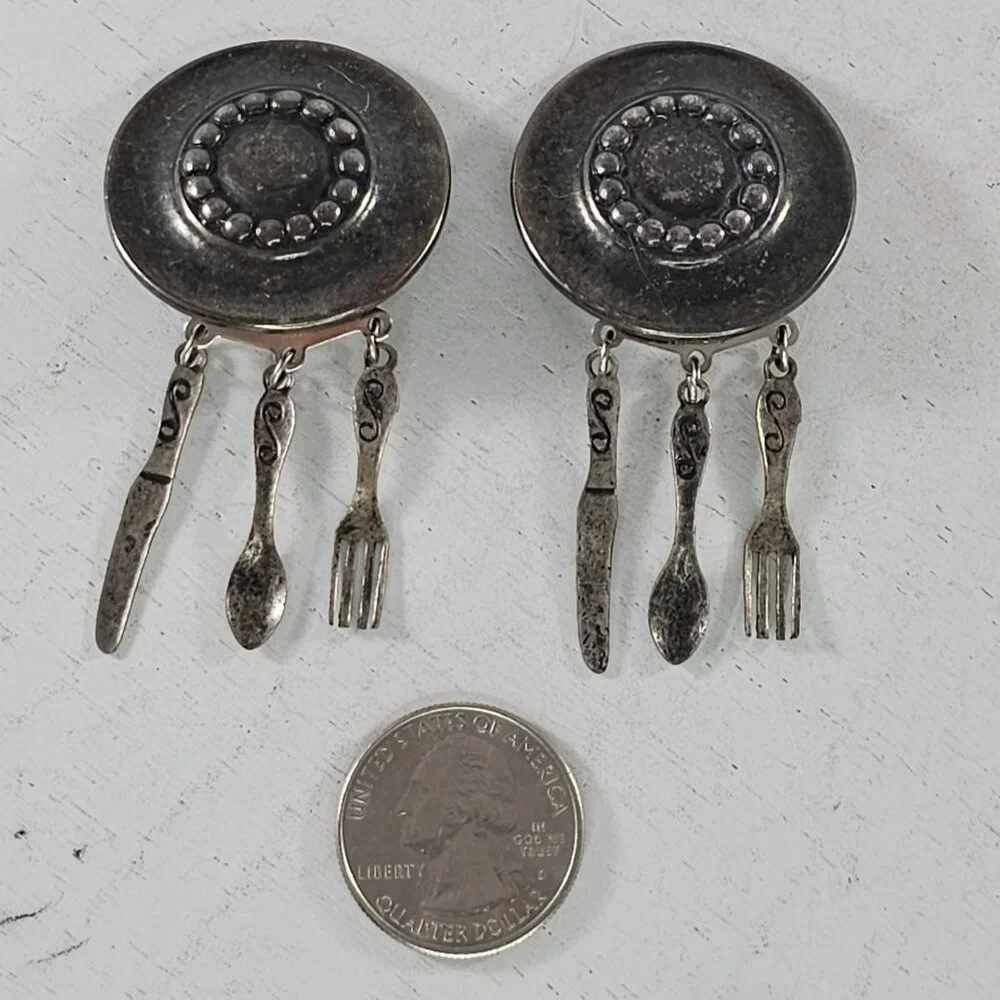 Vintage Clip On Earrings With Dangling Utensils Fork Spoo Knife Charms - Picture 2 of 8